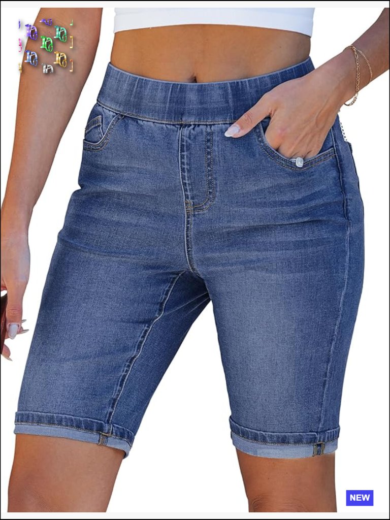 High Rise Pull On Denim Bermuda Shorts Elastic Waist Knee Length Stretchy 10"